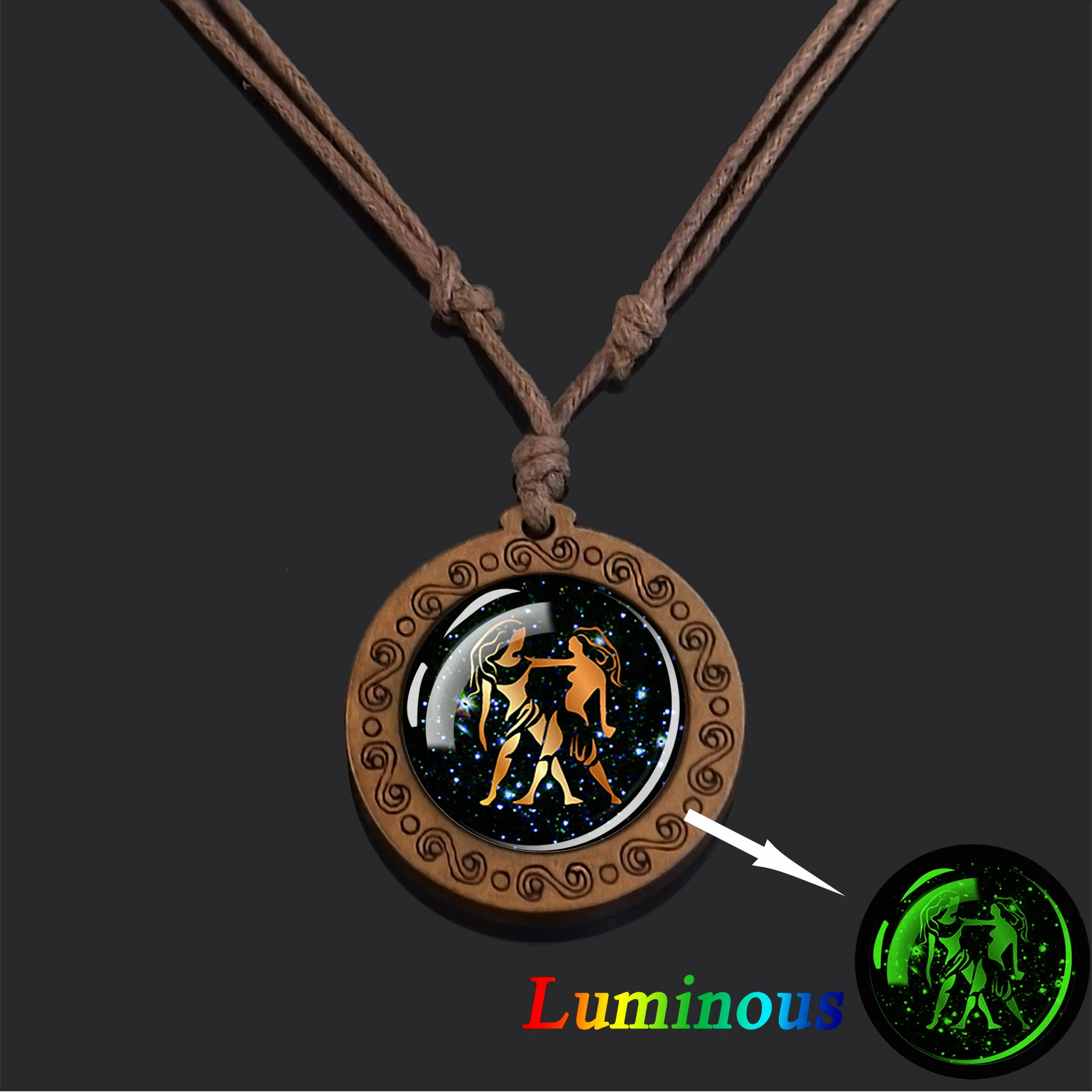 Esspos Astrology 12 Constellation Necklace Vintage Luminous Zodiac Signs Glass Cabochon Wooden Necklaces for Women Men Gift |