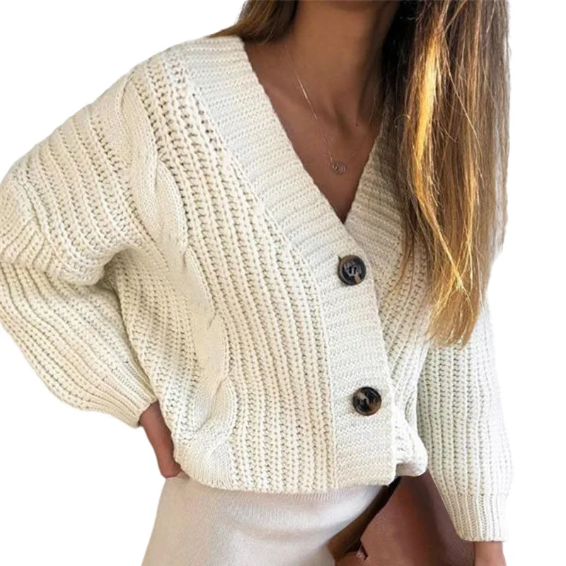 

Women's Knitted Sweater with Button V-neck Long Sleeve Autumn Winter Loose Coarse Thick Cardigans for Women 2021 Office Lady New