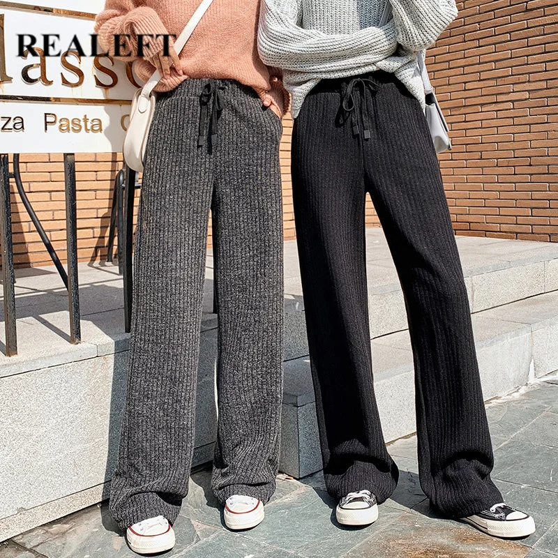 

REALEFT New 2020 Winter Thicken Knitting Warm Women's Pants High Waist Wide Leg Long Pants Female Elastic Waist Loose Trousers