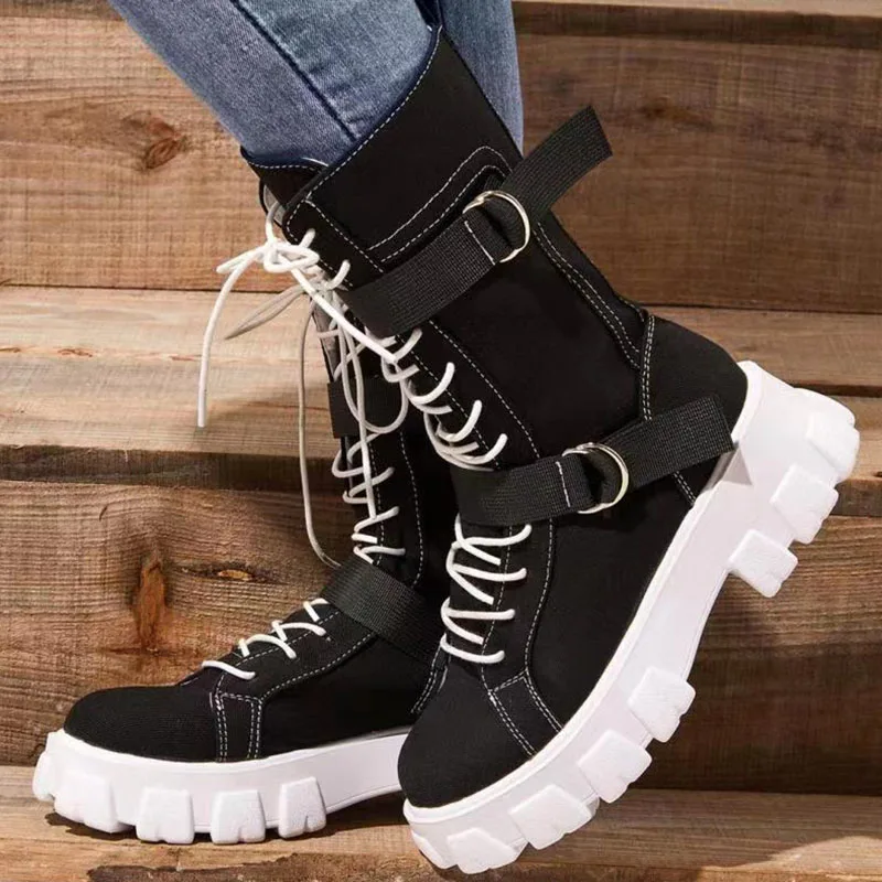 

Women Warm Boots Lace-Up Platform Canvas Shoes Comfortable Ladies Solid Color Non-Slip Fashion Female Footwear Mid-Calf Boot