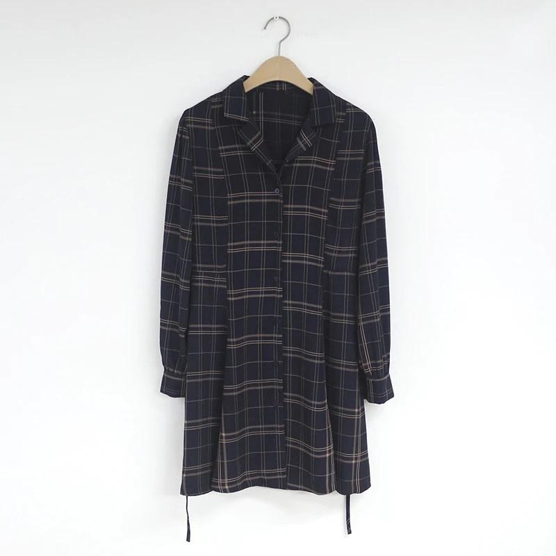 

women dress 2020 autumn winter vintage vogue shirt dress ropa lace-up long sleeve loose casual plaid elegant ladies dresses