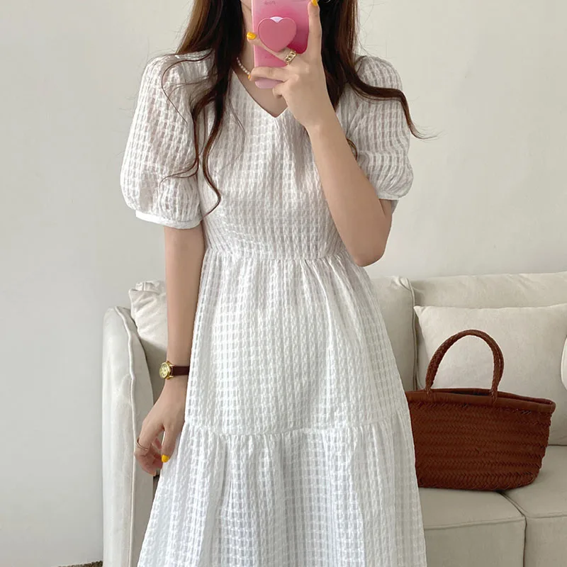 

Summer Women's Dress Korean 2021 French Elegant V-Neck Foam Cotton Design Short Sleeve A-Line Casuales De Mujer Dress Vestidos
