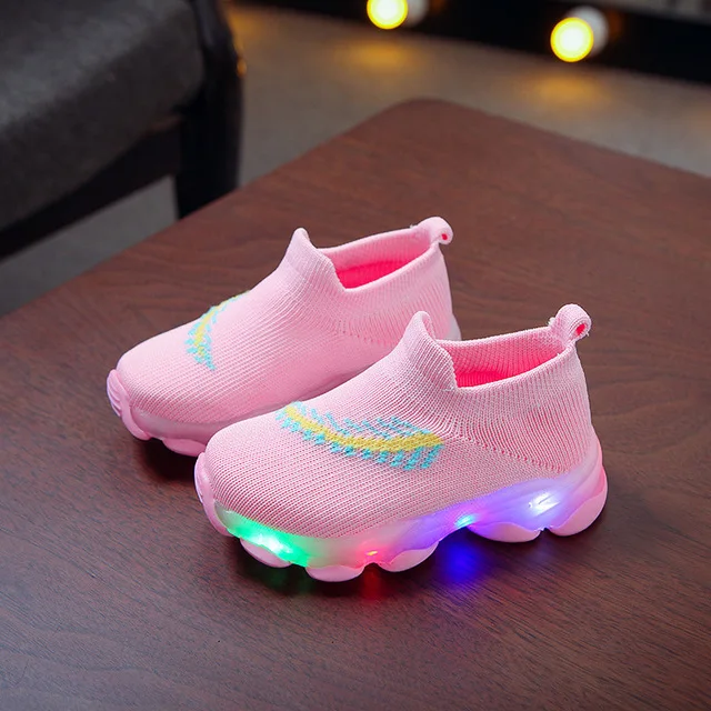 GS-Y-3-Pink Зимняя обувь для девочек, спортивный светодиодный Плетеный Теннисный материал, Повседневные Дышащие детские кроссовки, носки, обувь, обувь для малышей-мальчиков 1, 2, 3, 4, 5, 6 лет - Цвет: GS-Y-3-Pink