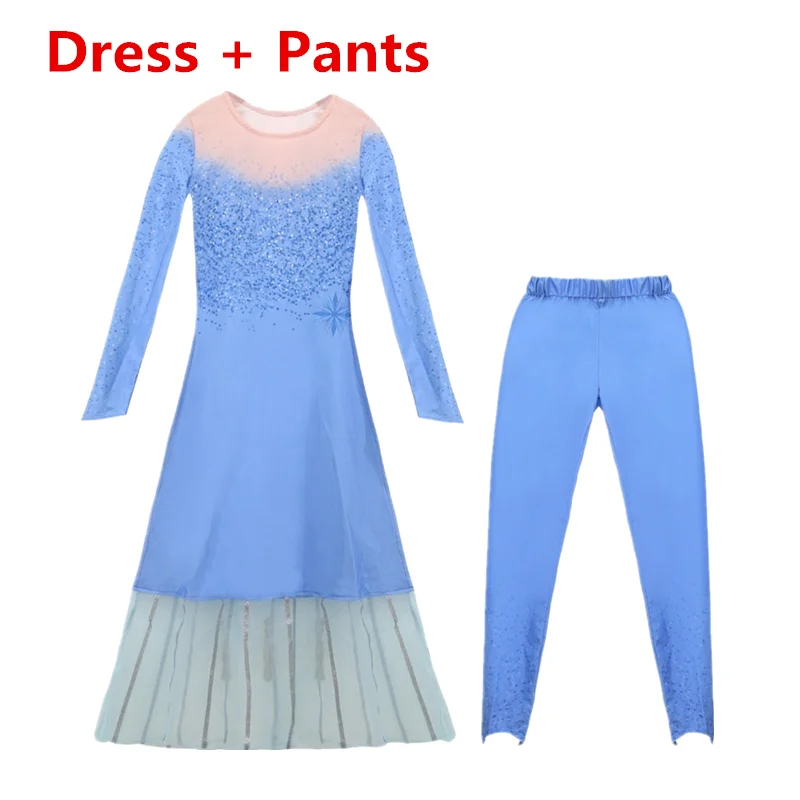 Dress and Pants Новое платье для девочек, одежда комплект принцессы Эльзы из 2 предметов, рождественское маскарадное платье Эльзы для дня рождения, небесно-голубое платье принцессы для детей возрастом от 4 до 10 лет - Цвет: Dress and Pants