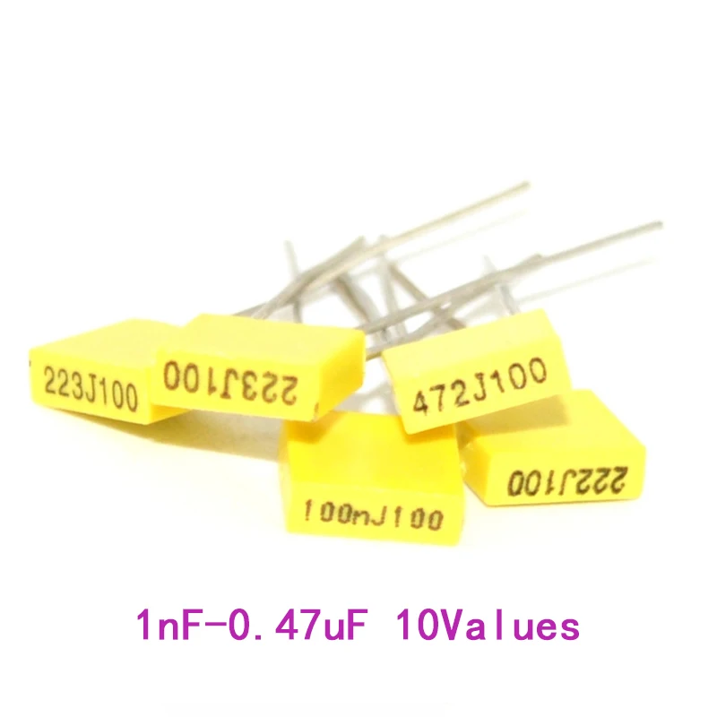 

50pcs/lot Polypropylene Safety Plastic Film Correction Capacitor kit 1nF-0.47uF Component set Yellow Block Capacitor Package