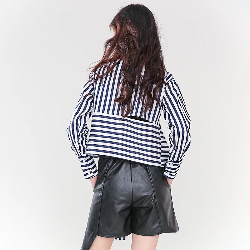 

[EAM] Women Blue Striped Irregular Long Blouse New Lapel Long Sleeve Loose Fit Shirt Fashion Tide Spring Autumn 2021 1DD436505