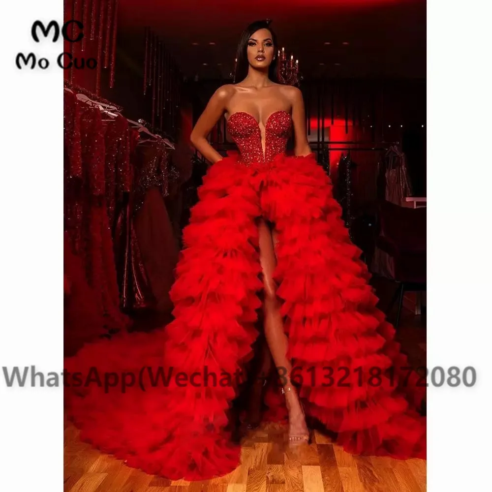 

Luxurious Red Evening Dress Beaded Crystals Ball Gown Prom Dresses Tiered Tulle Sweetheart 2021 Formal Gowns Vestidos de gala