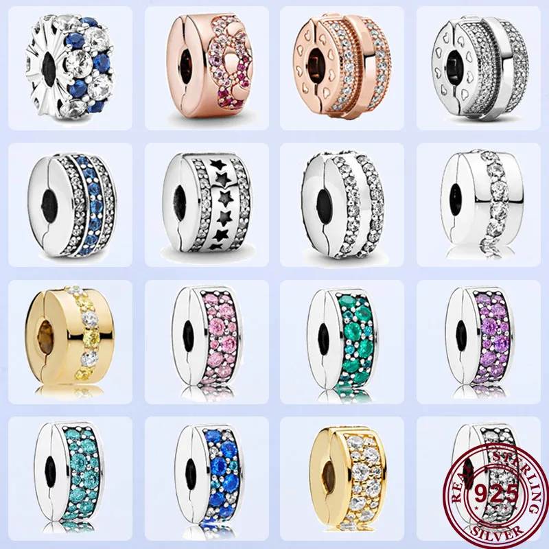 

New Genuine Pan Clip 925 Silver Multi Color Fashion Star Pink Fan Positioning Clip For Genuine Pandora Bracelet Women's Jewelry