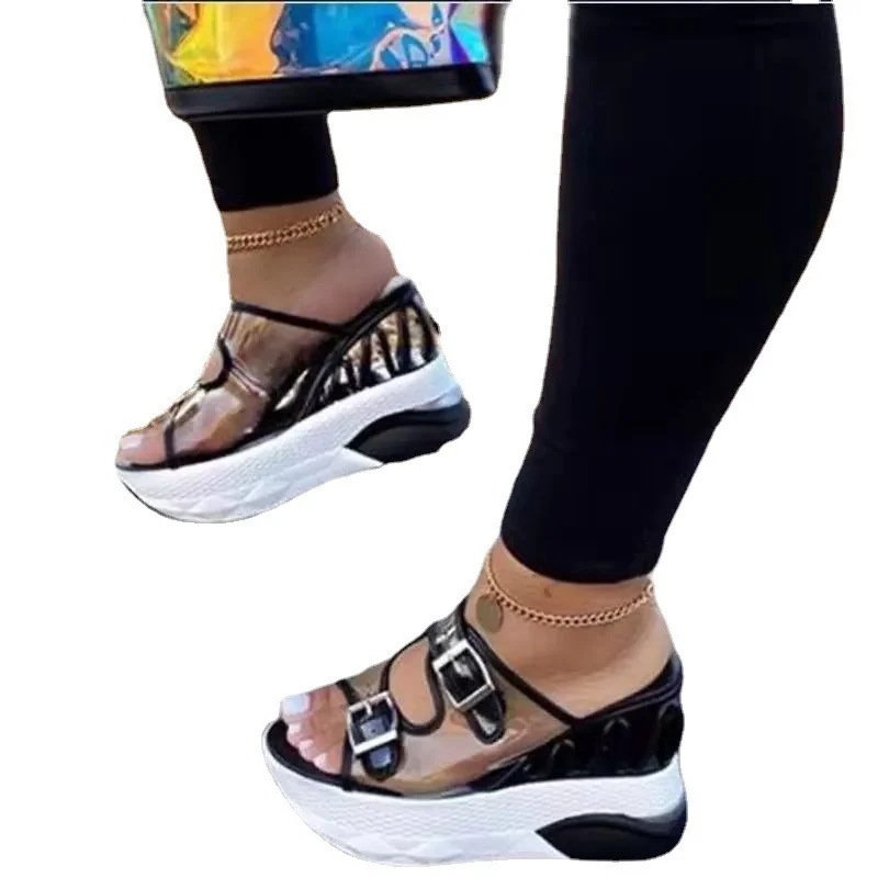 

Wedge Heel Ladies Slippers Leather Buckle Casual High-heeled Sandals Fish Mouth Fashion Outdoor Quick-drying Light Green 2021