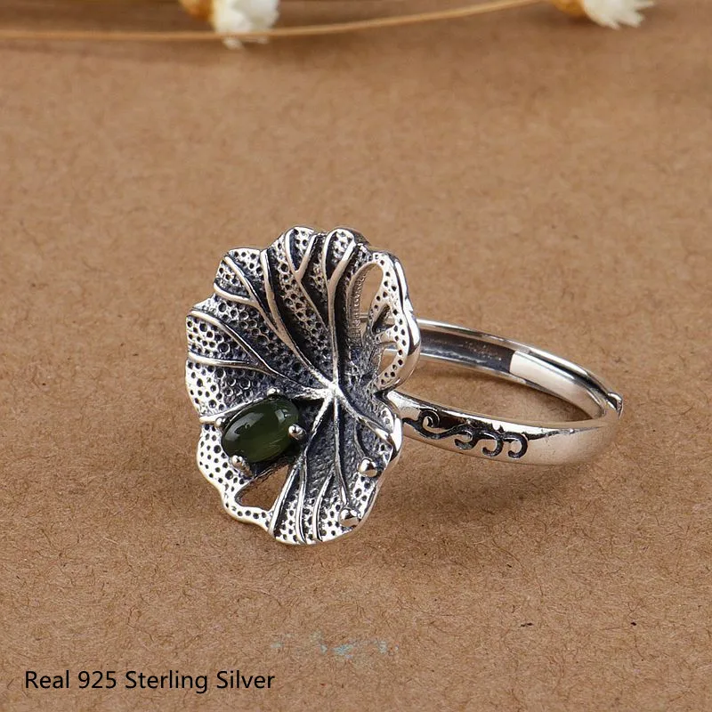 

Luxury Female Ring Finger Natural Chalcedony Lotus Leaf Real 925 Sterling Silver Wedding Jewelry Ring Oval Stone Ring for Women