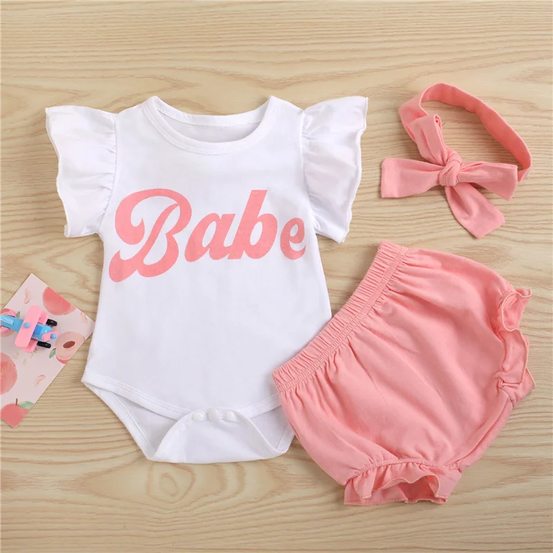 

Baby Girls summer Clothes Three Pieces Fashion Letter Fly Sleeve Romper and Solid Color Shorts with Headband