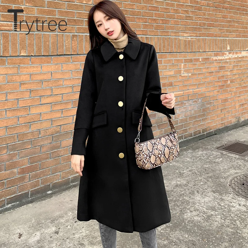 Женское однобортное пальто на пуговицах Ttytree повседневное однотонное черное