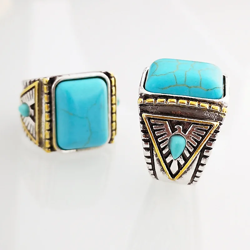 

European and American ethnic western power turquoise square convex rings two-tone silver plated men's thunderbird ring
