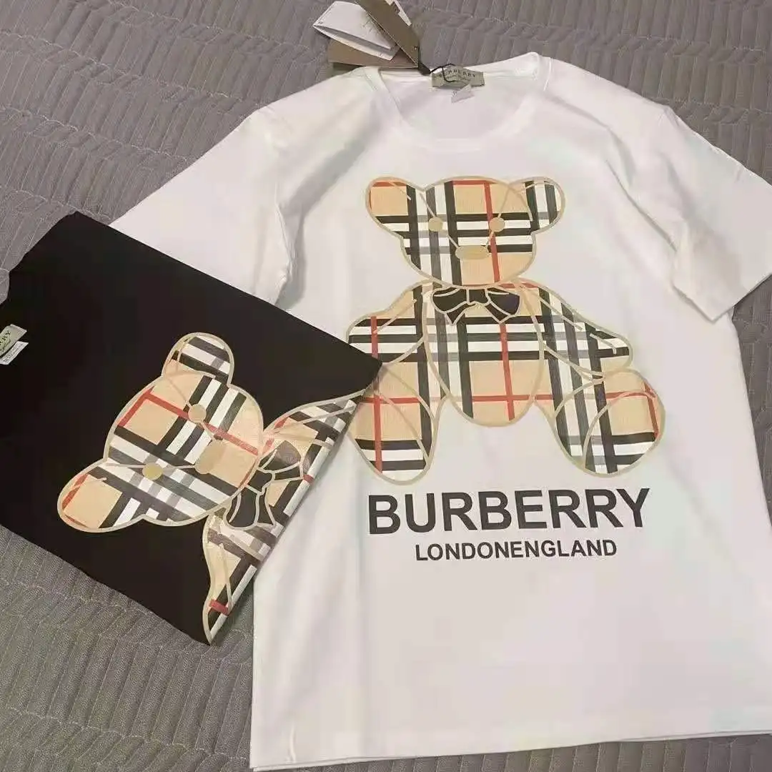 

2021 summer new cotton short sleeve printed bow check teddy bear design couple T-shirt