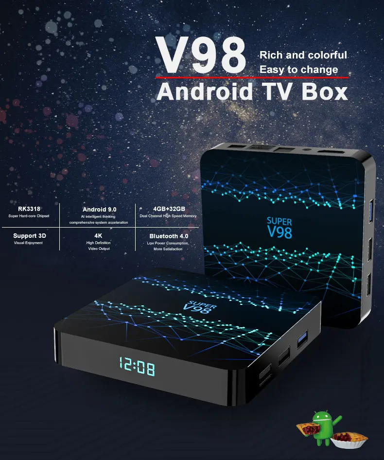 ТВ-бокс V98 Android 9,0 4 Гб ОЗУ 32 Гб ПЗУ 2,4 г WiFi умный медиаплеер RK3318 четырехъядерный 2 Гб 16 Гб H.265 4K HDR USB 3,0 приставка