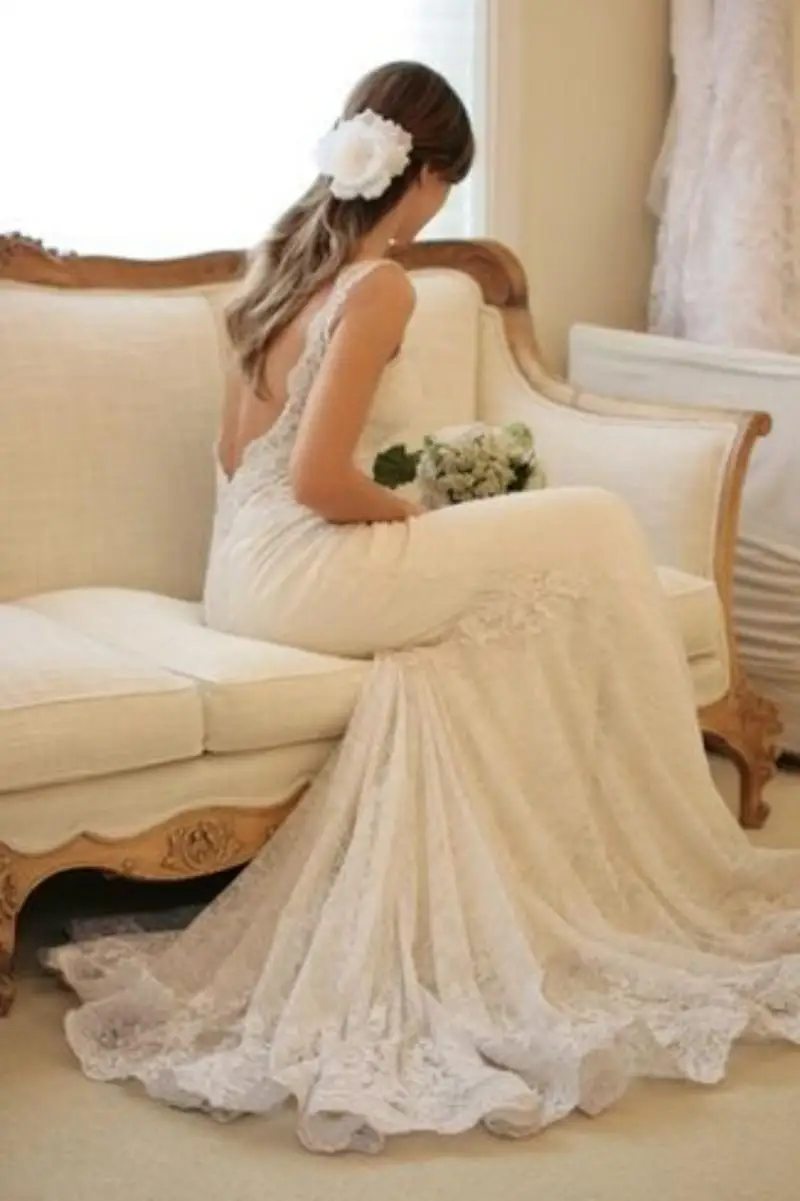 

bride Lace Wedding Dresses Mermaid Romantic Strap Gowns with Applique Backless cap sleeve 2015 Wedding Dress Real Sample