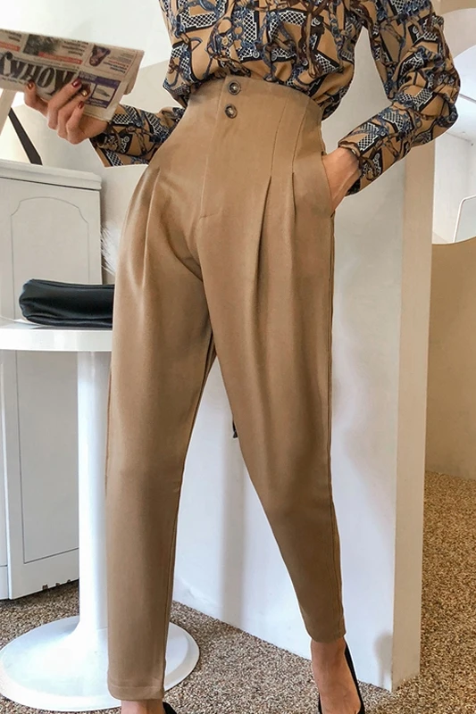 

2021 Spring Khaki Harem Pants Women High Waist Loose Trousers Famale Streetwear Cargo Pants Famale