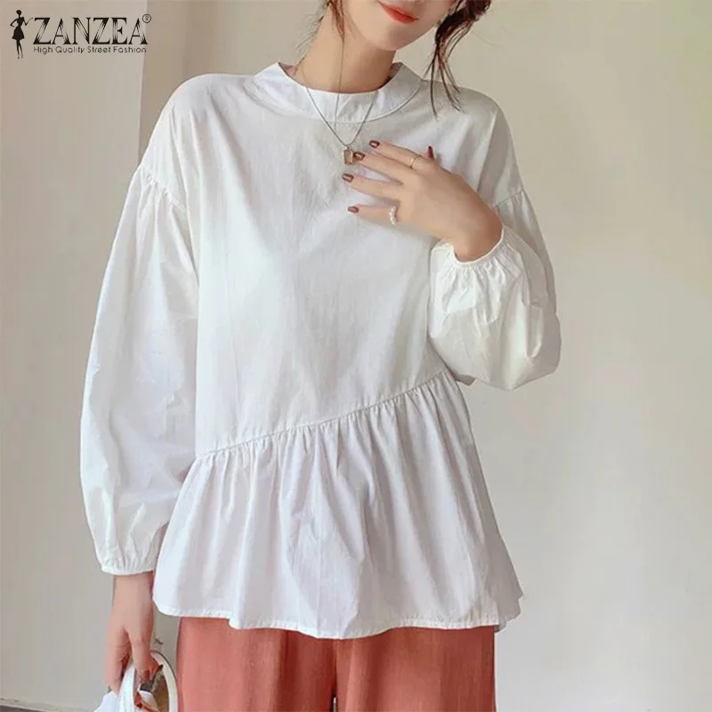 

Oversized Asymmetric Tunic Tops 2022 Spring Cotton OL Blouse Women Elegant Long Sleeve Shirt ZANZEA Vintage Ruffle Solid Chemise