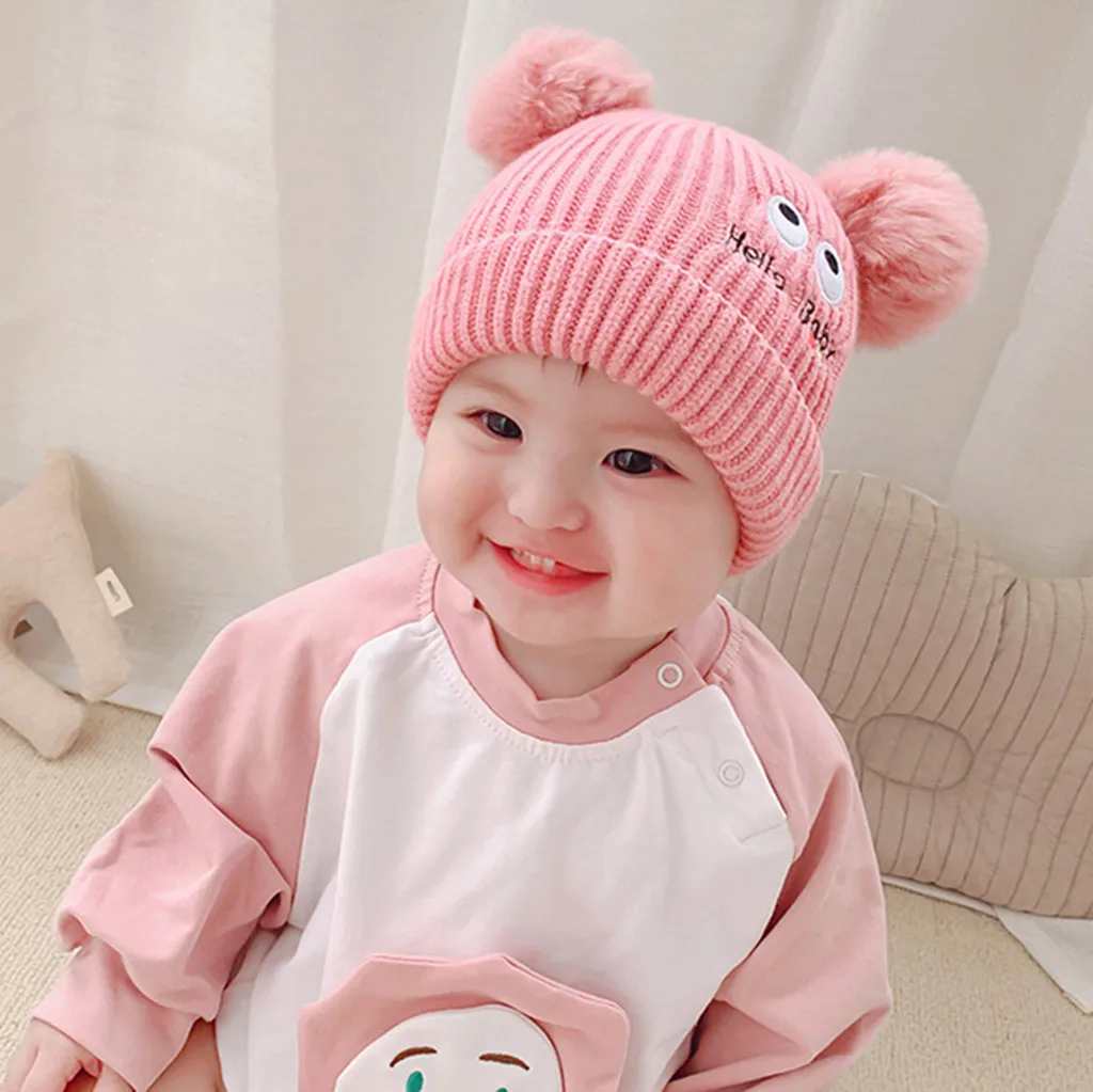 Newborn Infant Hat Baby Boys Girls Winter Warm Cotton Knit Crochet Letter Print Pompon Beanie Cap For 0-2 Years Kids Hats | Детская