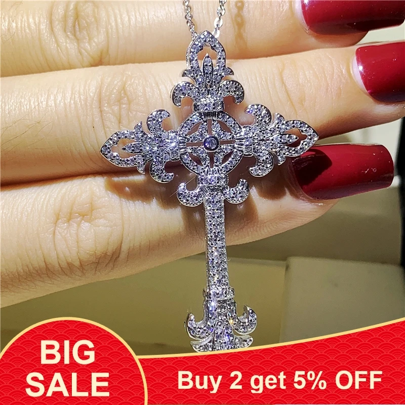 Кулон-крест длинный из серебра 925 пробы с фианитами | Украшения и аксессуары