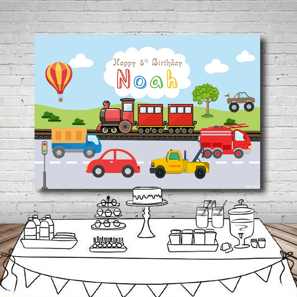 

Cartoon Train Cars Boys Birthday Party Backgrounds For Photo Studio Hot Air Balloon Photography Backdrop Photocall Custom Vinyl