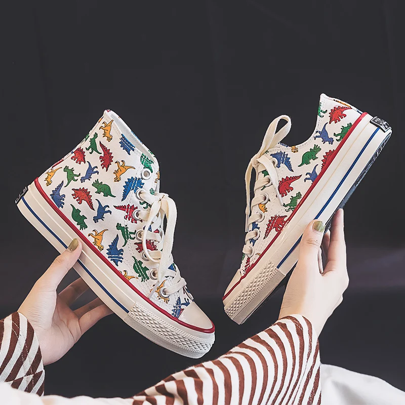 Парусиновая обувь для девочек Кроссовки на высоком каблуке с рисунком динозавра