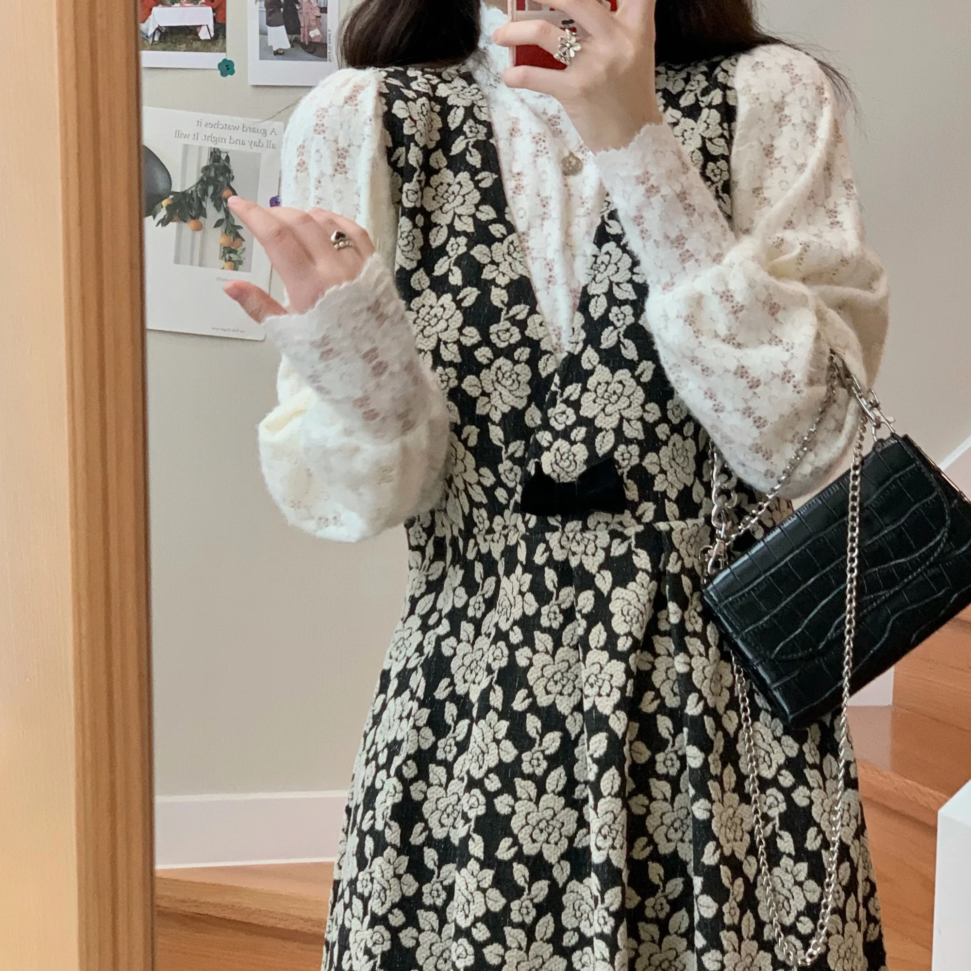 Корейское жаккардовое платье с завышенной талией платье-жилет бантом кружевная