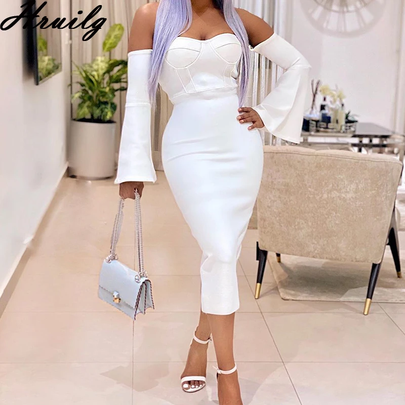 Элегантное Белое Женское платье с вырезом лодочкой и расклешенными рукавами