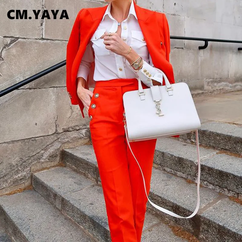 

Женский брючный костюм CM.YAYA, однотонный топ с длинным рукавом и прямые брюки с карманами, комплект из двух предметов, Офисная Мода, осень 2021