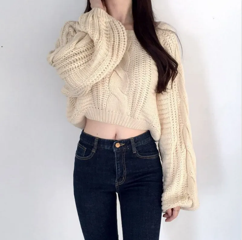 Neploe Pull Femme свободная короткая перекрестная вязка Топы Женские однотонные цветной фонарь свитер с длинными рукавами женские корейские модные новые уличные