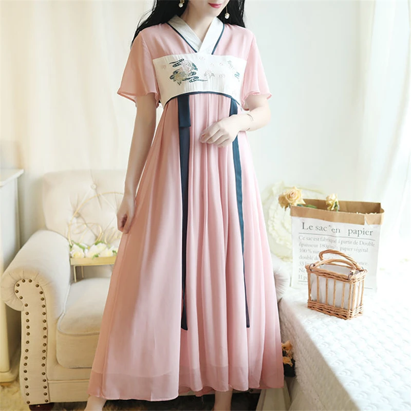 

Hanfu для женщин в китайском стиле винтажные Модные Длинные Платья с цветочным принтом с высокой талией свободное тонкое танцевальное платье ...