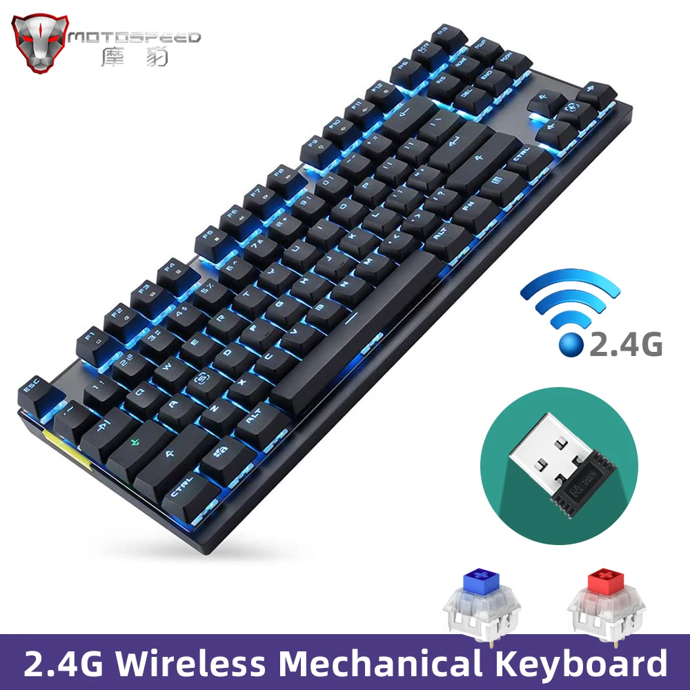 Motospeed светодиодный подсветкой 2 4G Беспроводной игровая механическая клавиатура 87