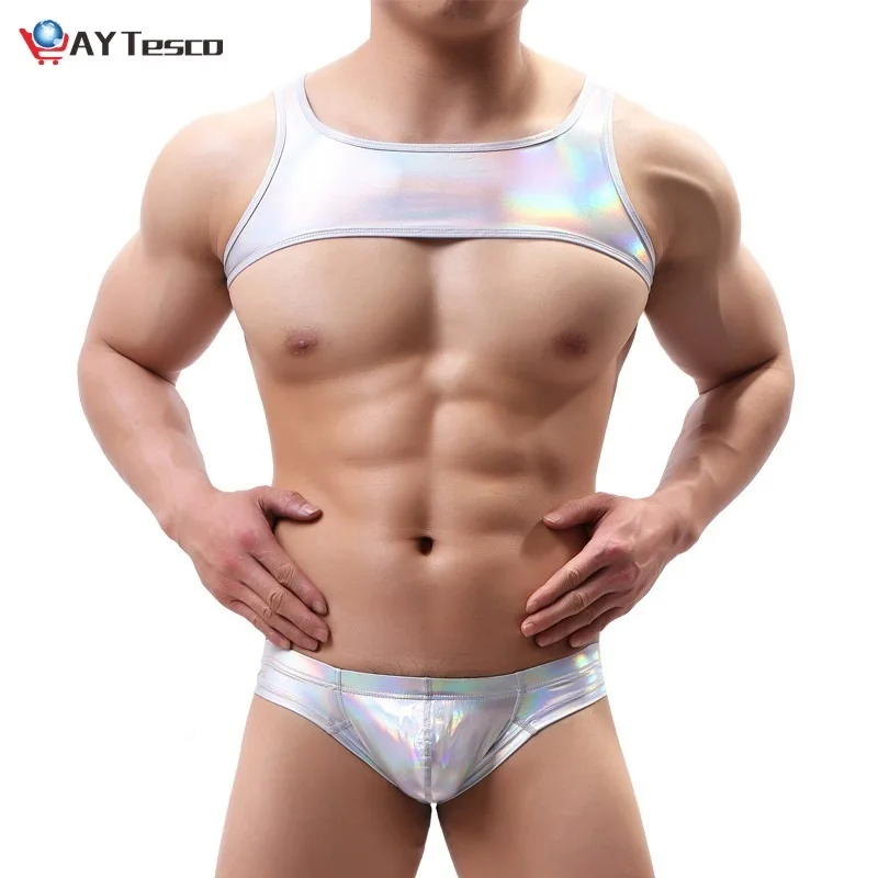 

Man Shoulder Strap Crop Top PU Leather Men Chest Harness Bodybuilding Tops Mens Stage Costume Gay Exotic Tanks(Tack only)