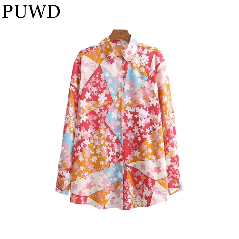 

PUWD Casual Women Loose Shirt 2021 Autumn Fashion Ladies Long Sleeves Satin Texture Color Matching Print Shirts Female Chic Tops
