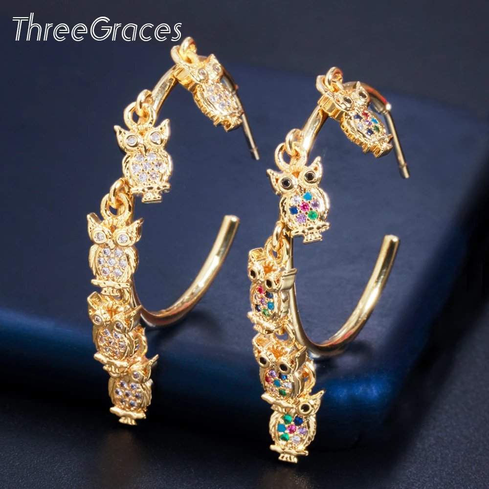 

ThreeGraces Lovely Animal Owl Shape Multicolor Cubic Zirconia Gold Color Half Round Hoop Earring for Ladies Party Jewelry ER560