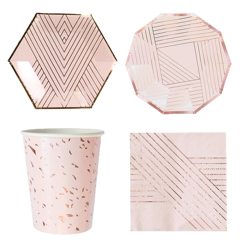 Вечерние одноразовые столовые приборы розовое золото розовые бумажные тарелки в