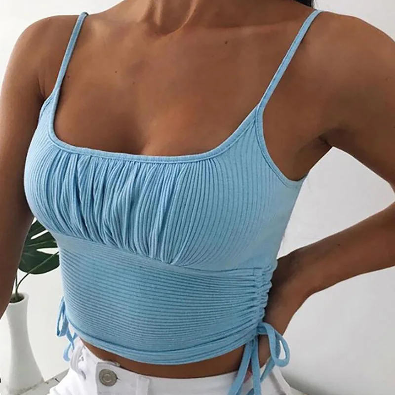 

Summer pleated halter slim-fit square neck solid color camisole