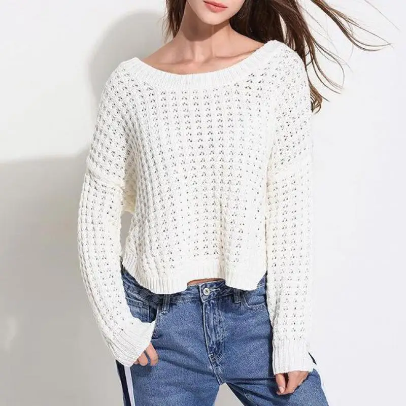 Осень-зима Повседневное трикотажная рубашка с o-образным вырезом на шее Hollow Out