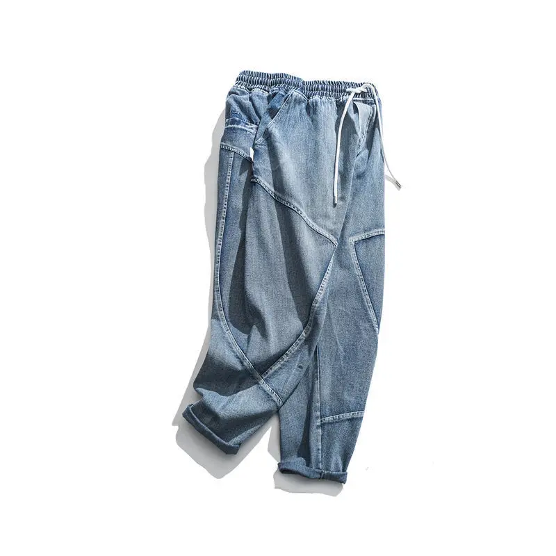 

IEFB /men's wear 2021 spring casual blue Straight Trousers Loose Tide new Letter Printing patchwork Jeans Male baggy jeans 9Y932