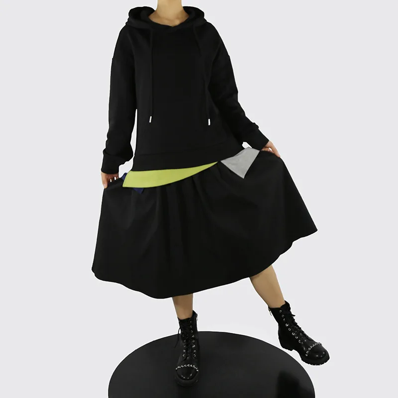 

SuperAen Solid Hooded Casual Slim Knit Flounced Edge A Line Fake Two-piece Dresses for Women New Autumn and Winter