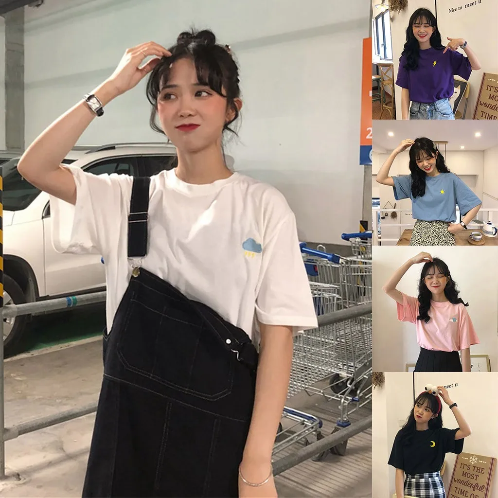 Футболка женская повседневная с круглым вырезом топ вышивкой в стиле преппи