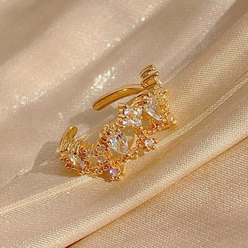

2021 New Arrive Popular Design 14k Real Gold Crown Hollow Out Rings for Women Adjustable Open Advanced Jewelry Bling Zirconia