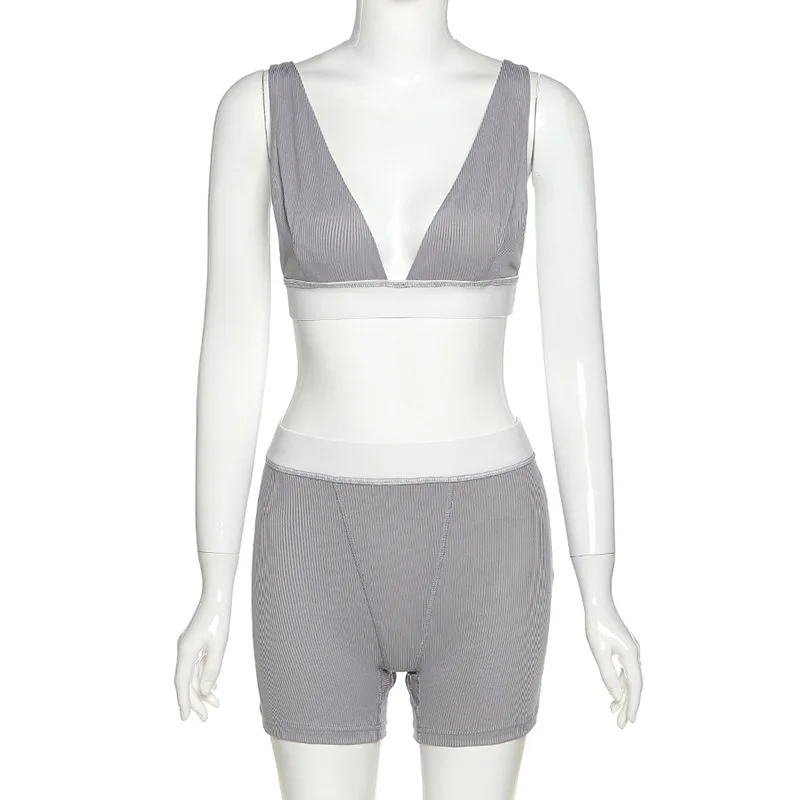 

Simenual V-Neck Sporty Casual Workout Matching Sets Women Sleeveless Backless Patchwork Tracksuits Fitness Top And Shorts Set