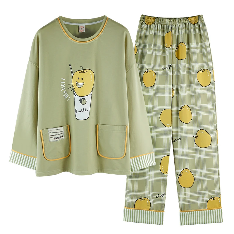 Осенне-зимняя женская Хлопковая пижама с длинными рукавами, с милым рисунком, простая, свободная и удобная домашняя одежда JJF0096