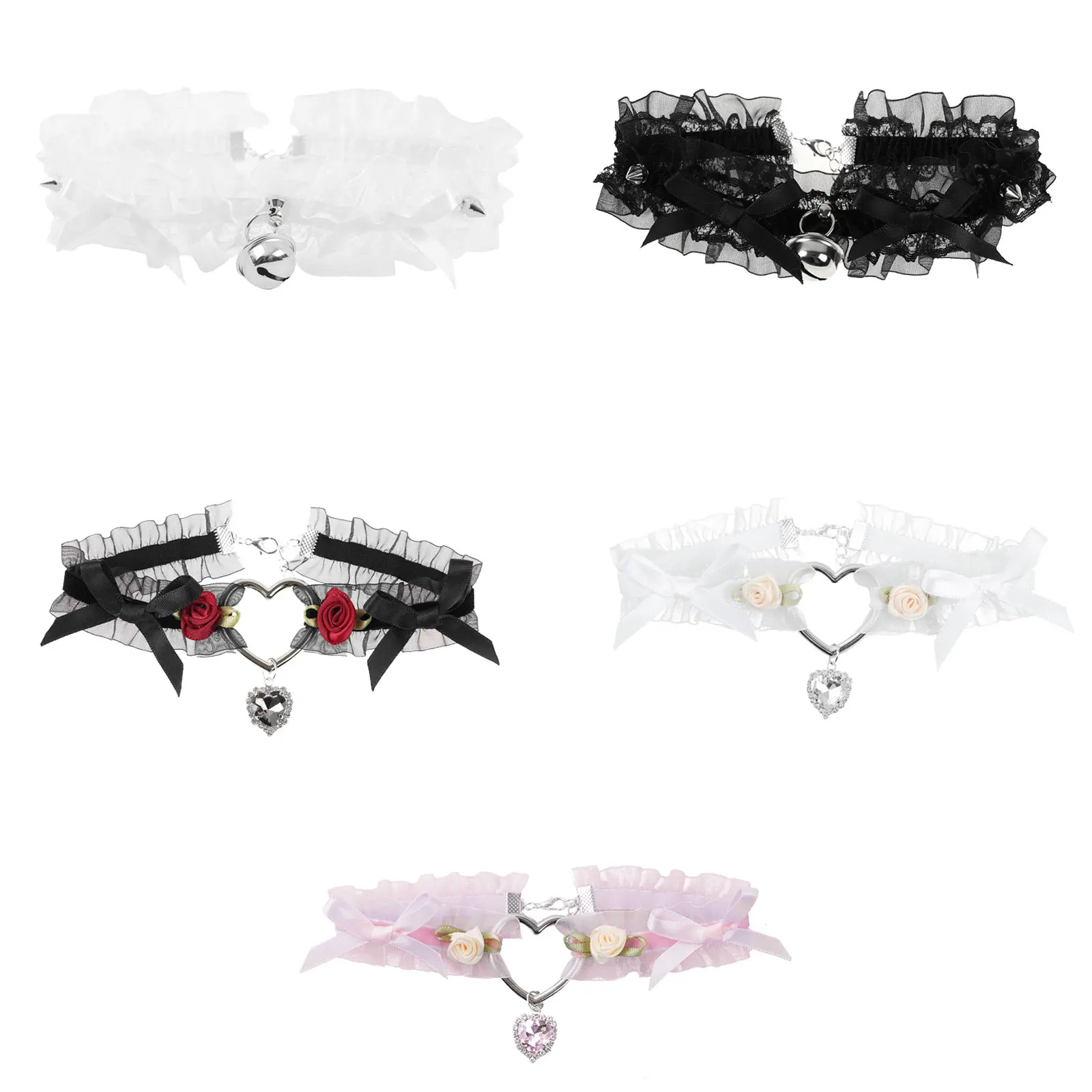Women's Cute Collar Lolitas Handmade Vintage Lace Heart Choker for Women Gothic Statement Bow Knot Bell Necklace Accessories