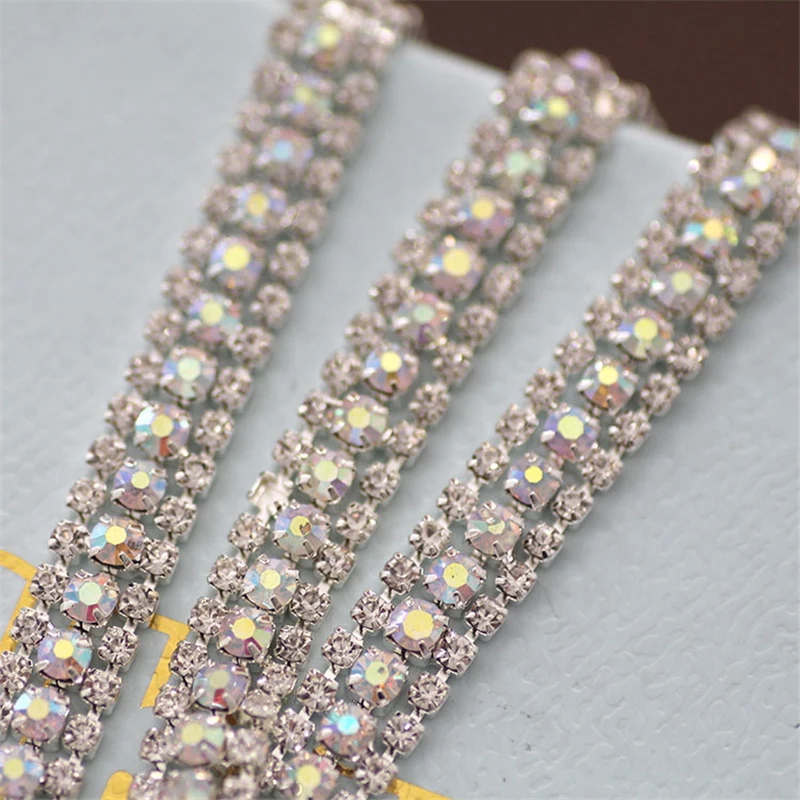 Трехрядные стразы белая отделка цепи AB широкая Хрустальная чашка цепь ПРИШИТАЯ