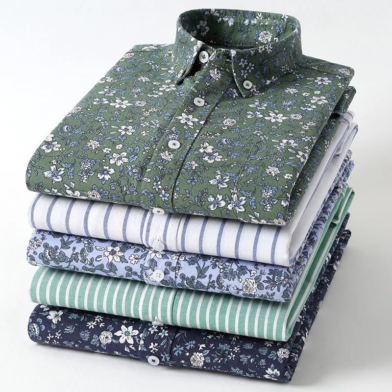 

2021 Fashion Spring New Print Cardigan Shirt Cotton Oxford Long Sleeve Lapel Collar Casual Trend Easy Youth Shirt Men