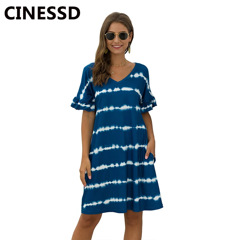 CINESSD V Neck Pocket Wavy Stripes Tie Dye Casual Dress Ruffles Short Sleeves Pullover A Line Soft Elastic Women Print Dresses | Женская