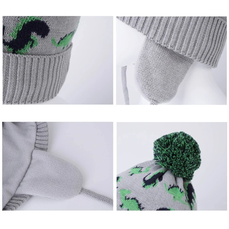 

Toddler Baby Boys Cartoon Dinosaur Jacquard Beanie Warm Knitted Hat Earflap