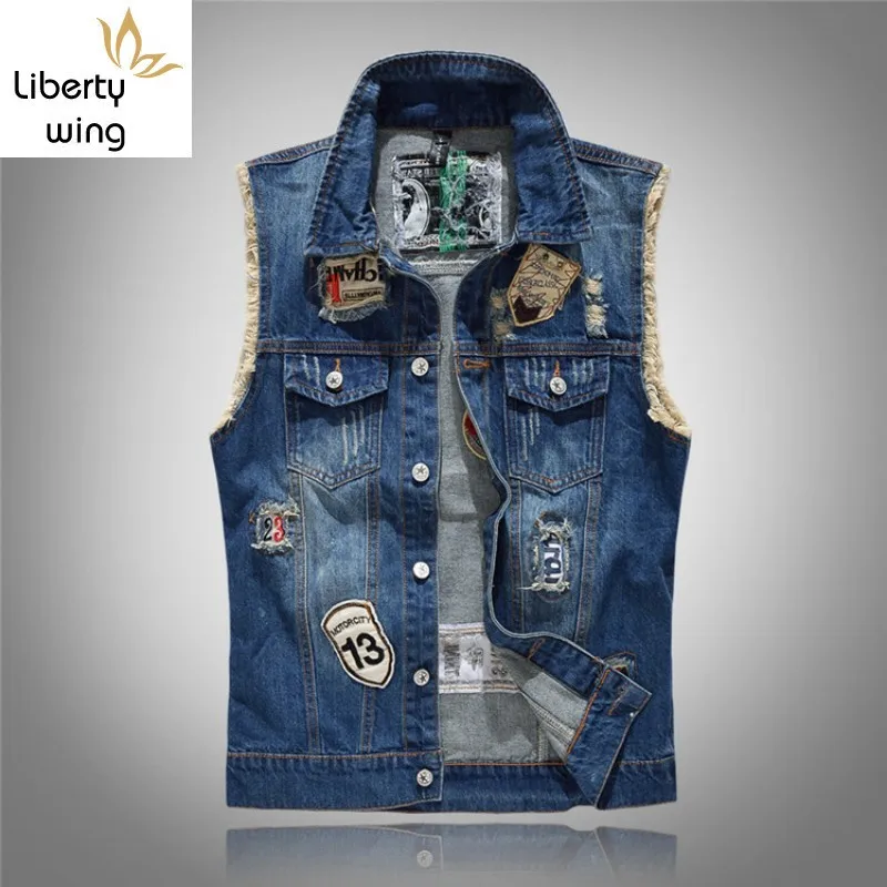 Модные мужские мото и платье из денима без рукавов рваные ленточки плетение